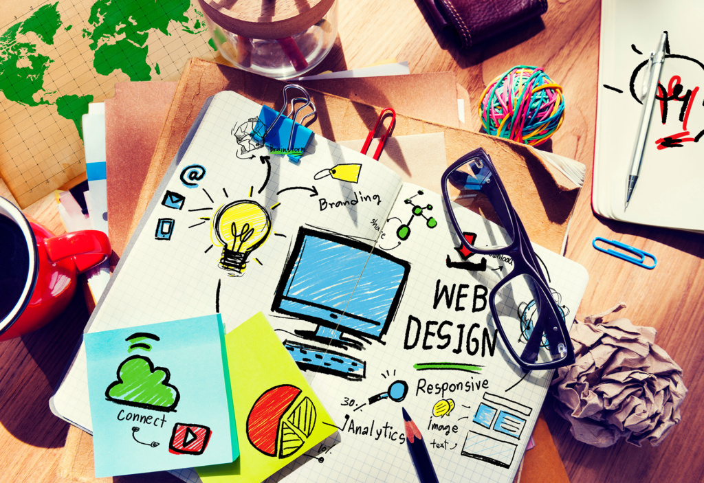 Notatbok med tankekart over ting webdesign og webutvikling innebærer.