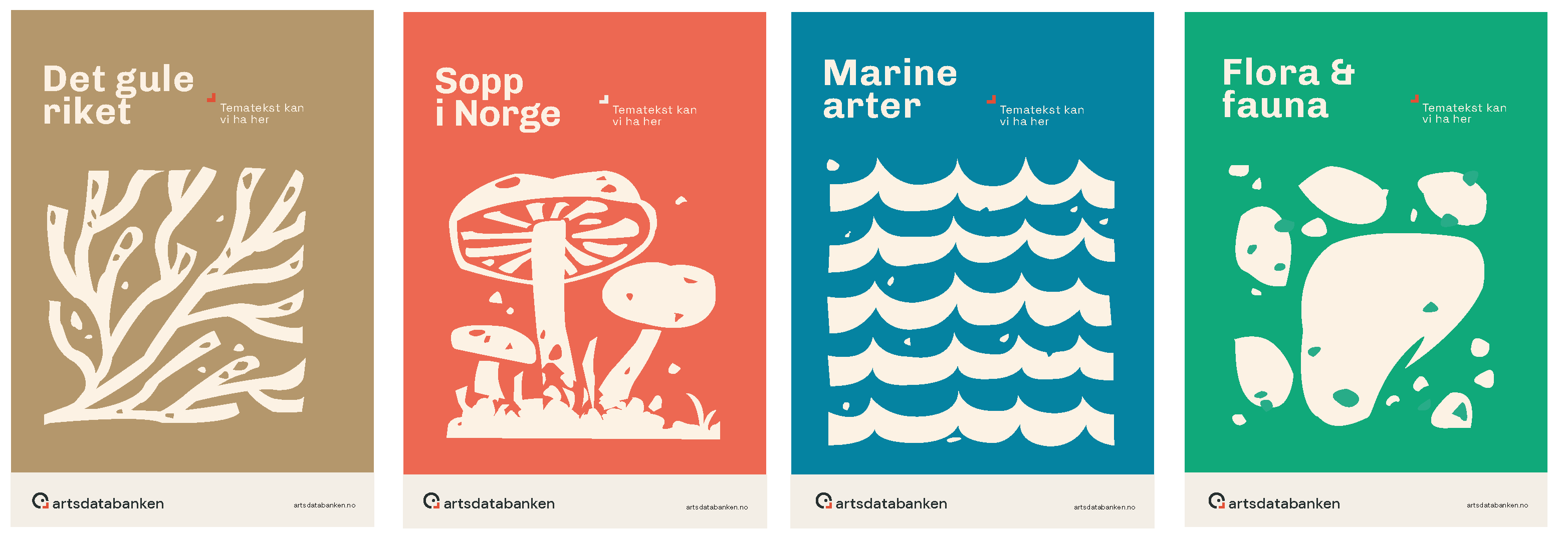 4 plakater med illustrasjoner av dyr og natur som vi har laget for Artsdatabanken.