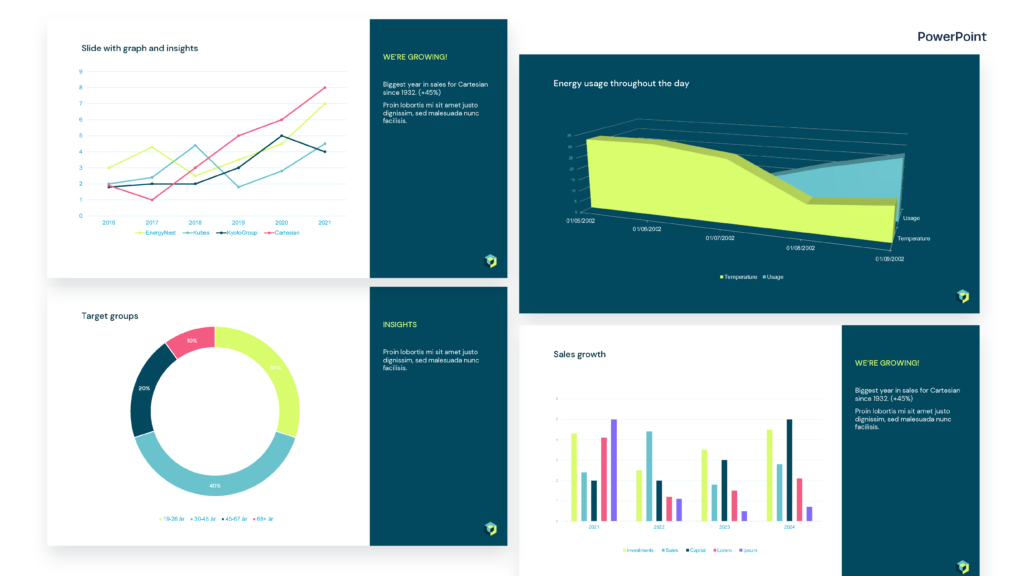Grafisk design: PowerPoint-mal og infografikk.