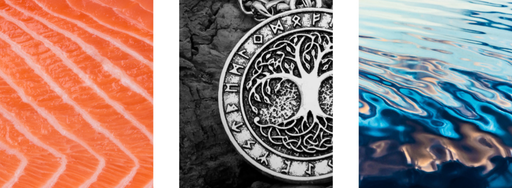 For logodesign har Headspin hentet inspirasjon fra mønsteret i laksens muskler, runer og krusninger i vann.