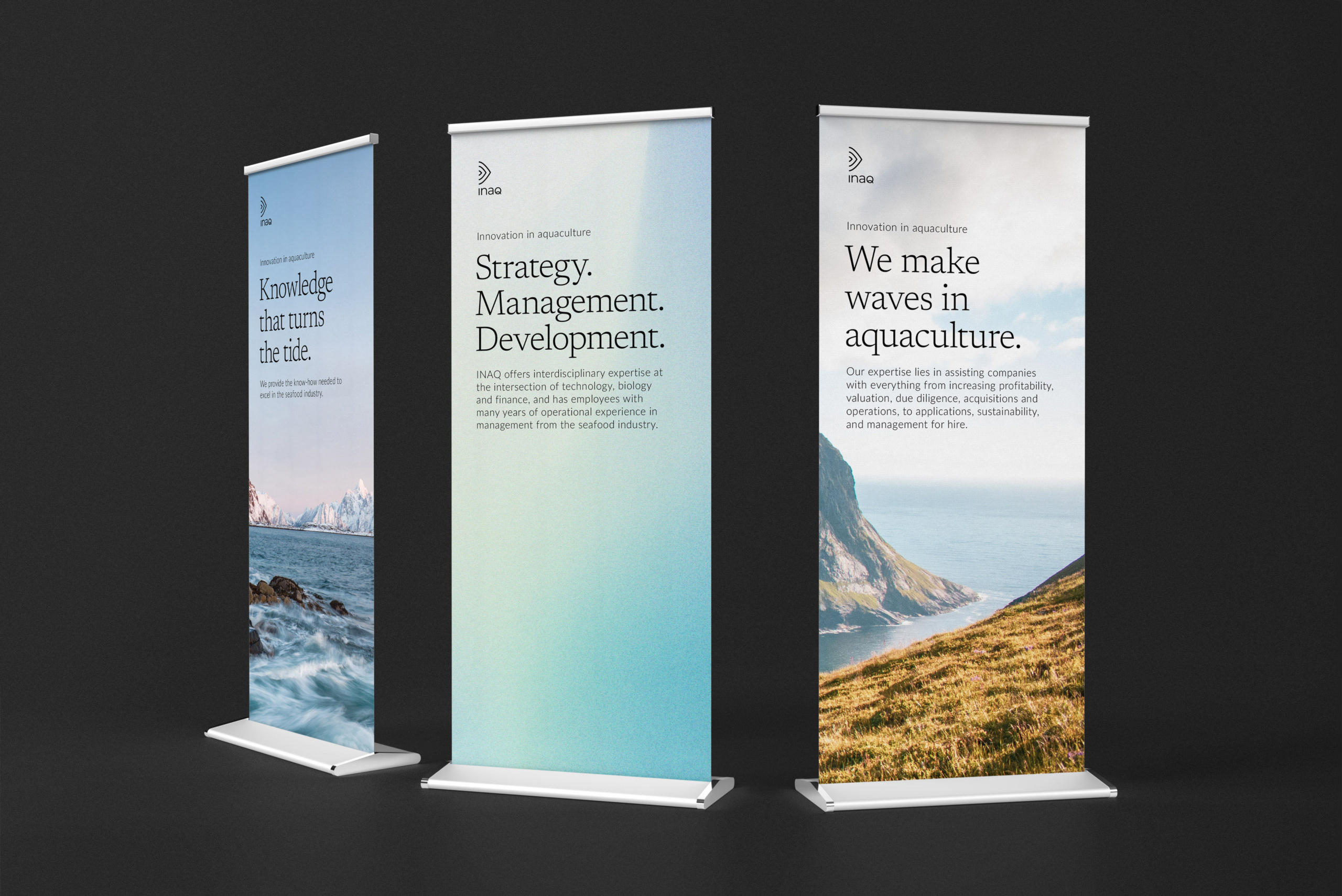 Grafisk design. Slik ser INAQs rollups ut i ny visuell drakt.