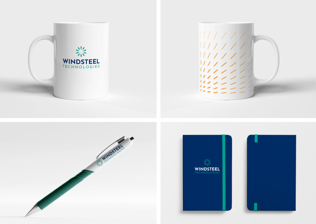 Merch: Kopper og kontorrekvisita for Windsteel Technologies.