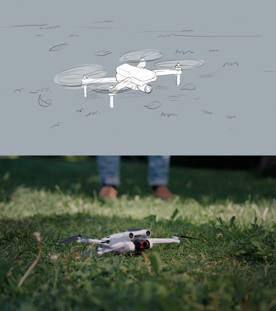 Storyboard-illustrasjon og bilde fra ferdig film.