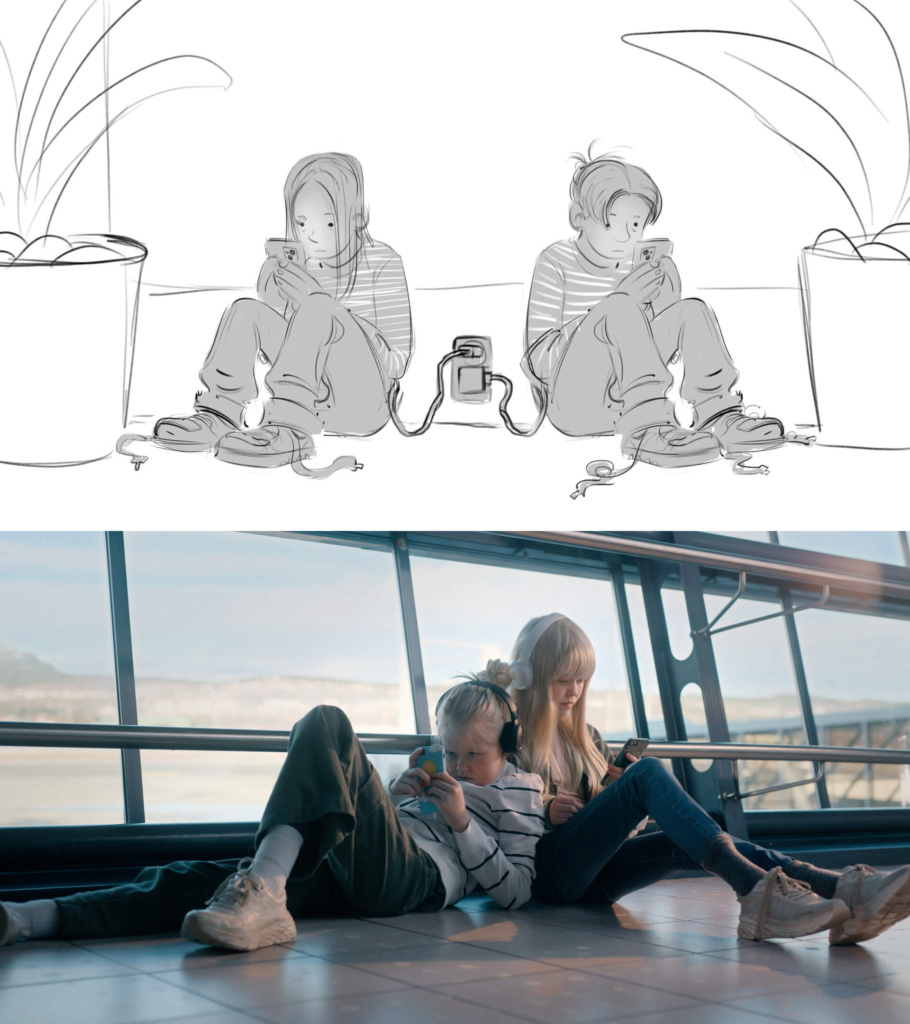 Storyboard-illustrasjon og bilde fra ferdig film.