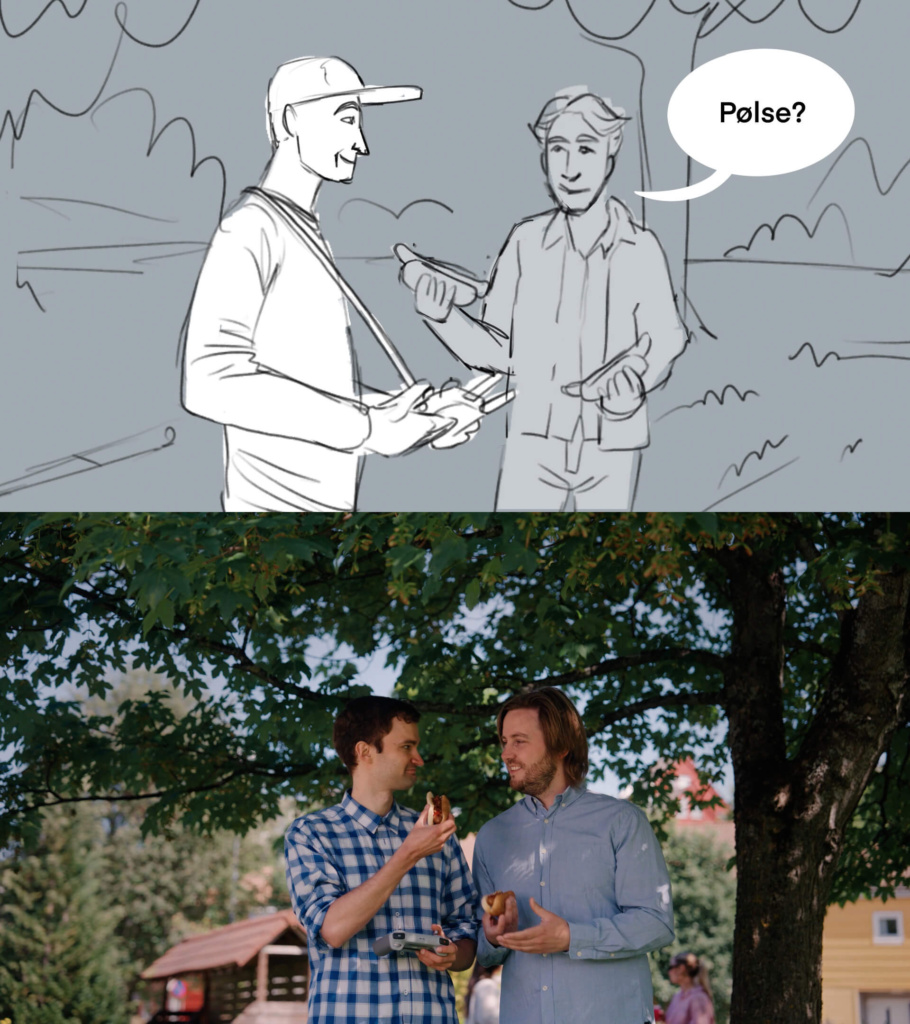 Samme scene som storyboard-illustrasjon og som ferdig film. Fra kampanjen «Lufta er ikke for alle» for Luftfartsverket.