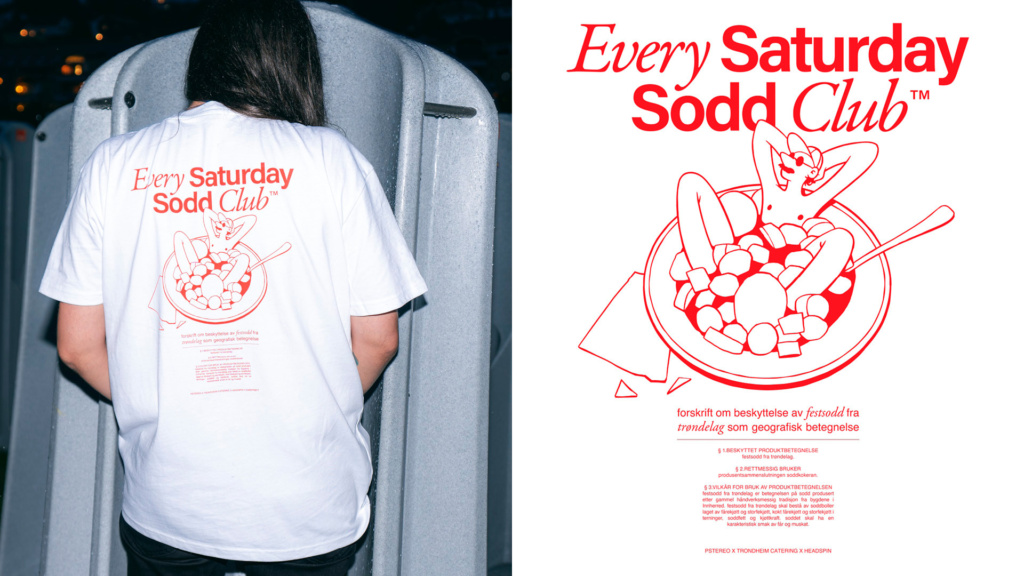 Mann som viser ryggen til t-skjorten som ble laget som merch til Pstereo-festivalen. Ryggen viser tekst som leser "Every saturday sodd club", samt et illustrert motiv av en trønder i soddskåla